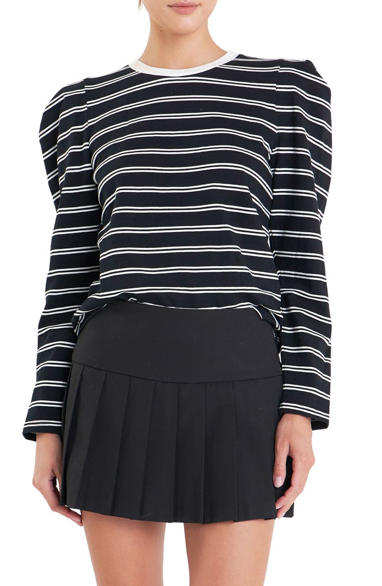 English Factory Stripe Puff Sleeve Top, Main, color, Black/ Off White