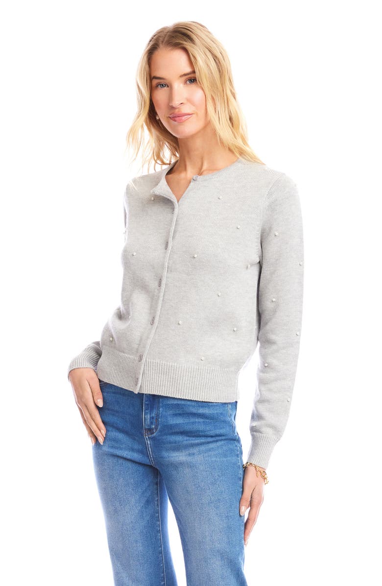 Karen Kane Faux Pearl Embellished Crewneck Cardigan, Alternate, color, Gray