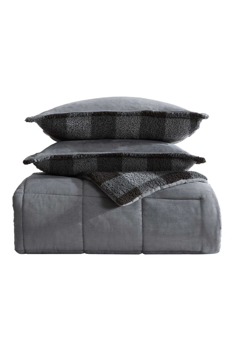 Cabin Plaid Reversible Faux Shearling Comforter Set, Main, color, DARK GREY