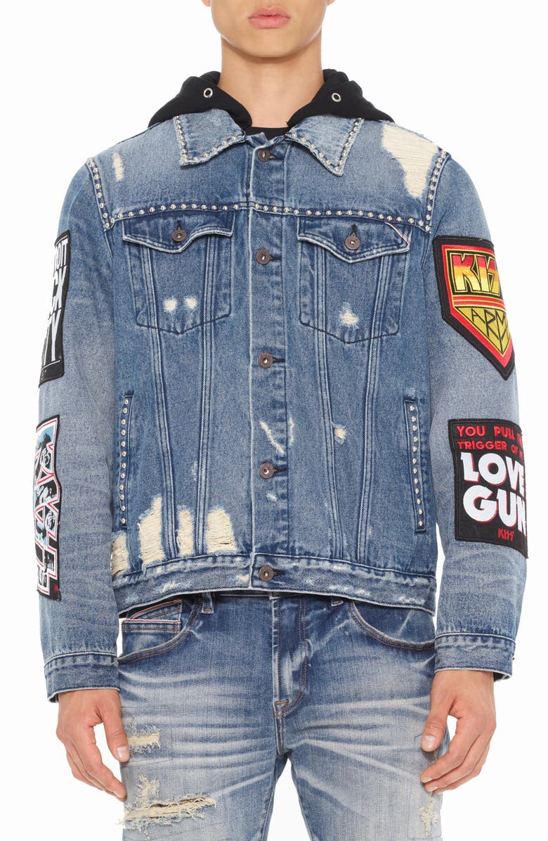 Cult of Individuality Type II Studded Distressed Denim Jacket, Main, color, Kiss
