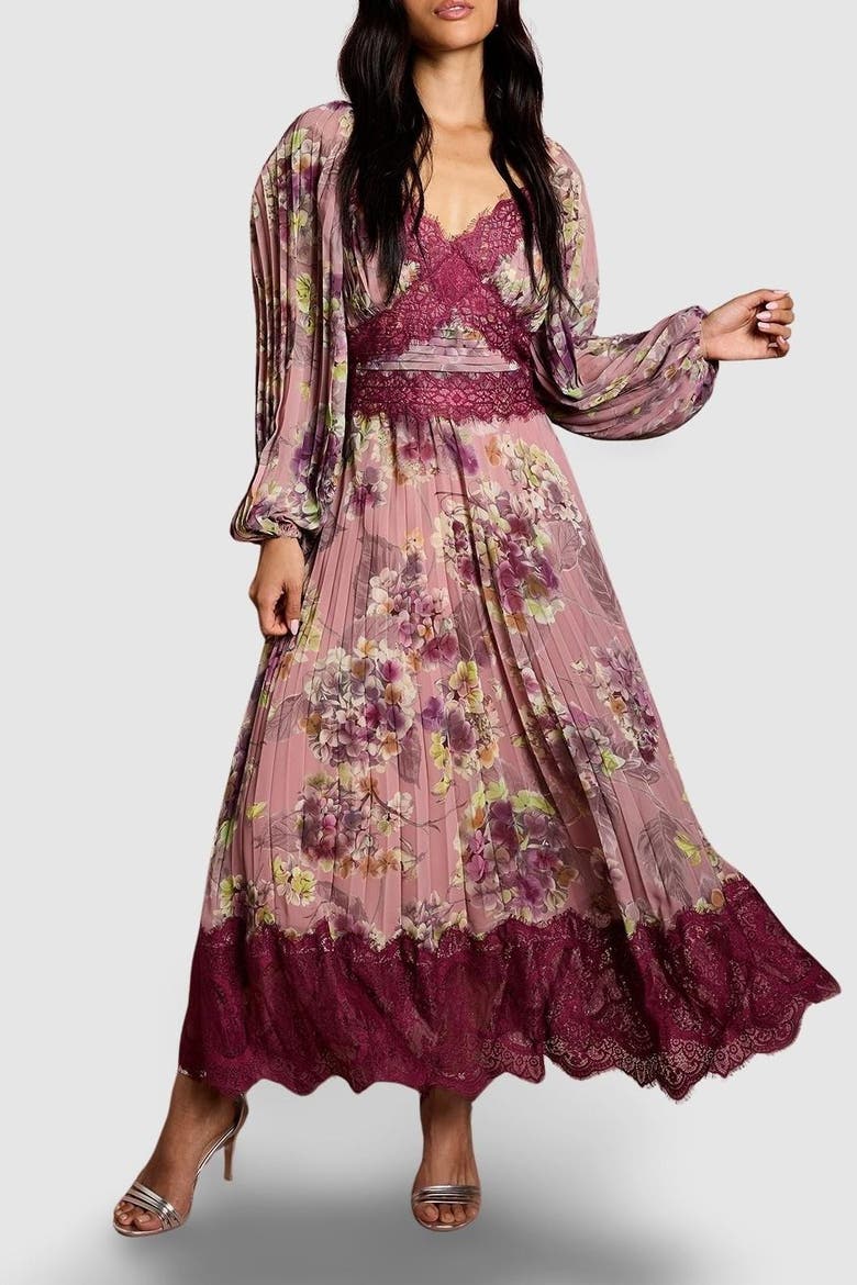 Pleated Lace Trim Midaxi Dress, Alternate, color, Pink