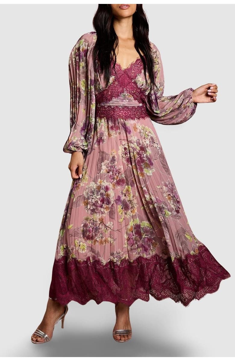 Coast Pleated Lace Trim Midaxi Dress, Alternate, color, Pink