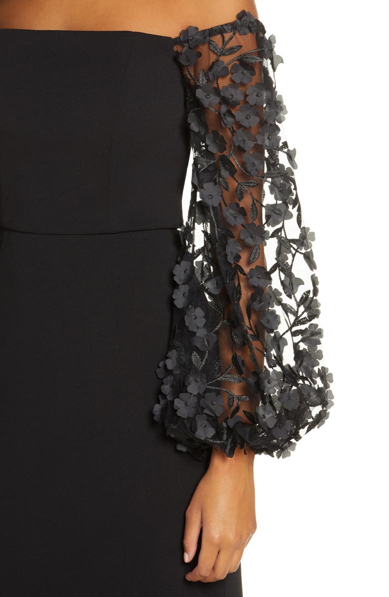 Eliza J Off the Shoulder 3D Floral Sleeve Scuba Crepe Evening Dress, Alternate, color, 