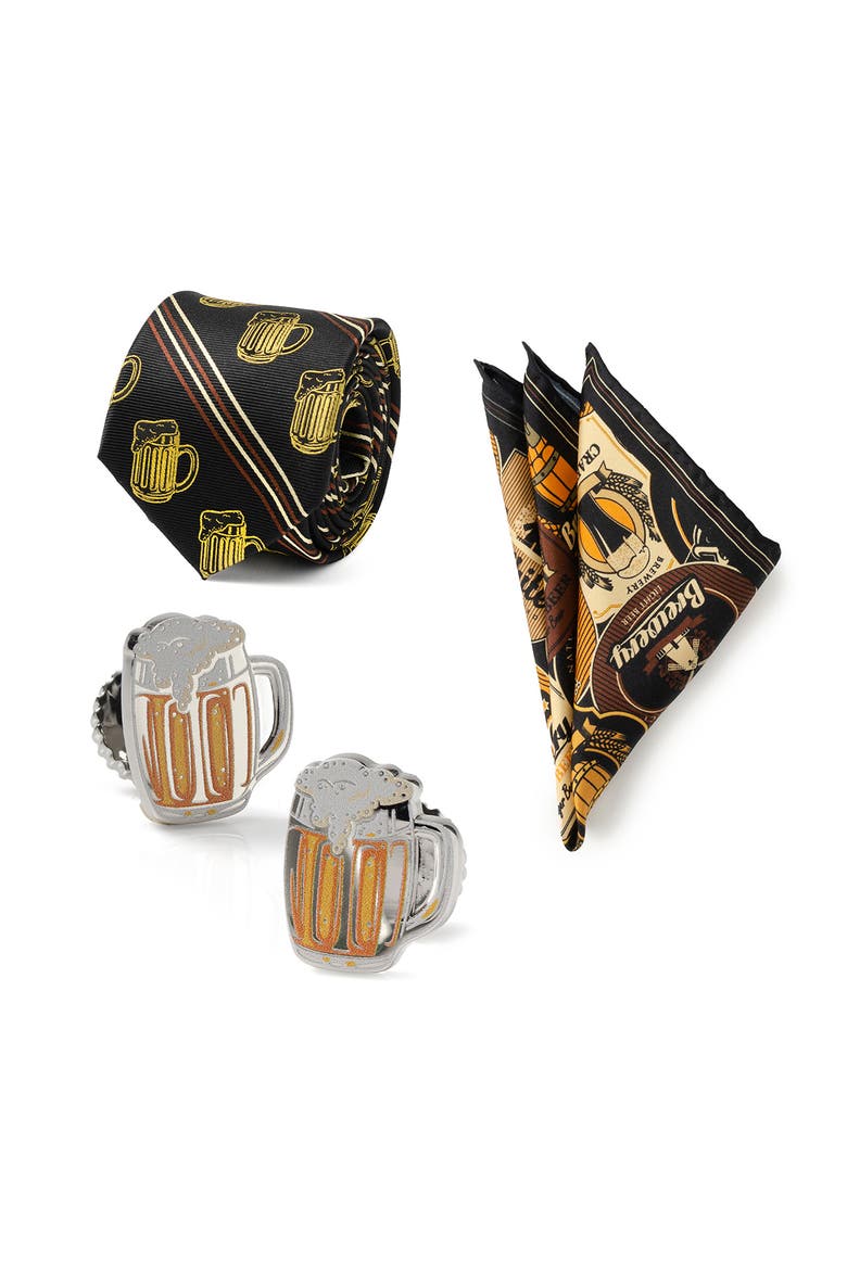 Beer Fan Cuff Links, Tie & Pocket Square Set, Main, color, BLACK