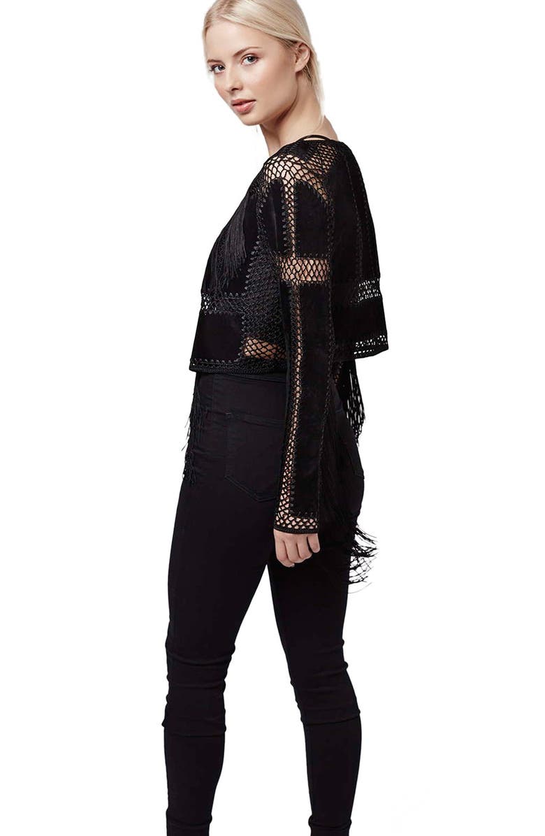 Topshop Fringe Openwork Faux Suede Top, Alternate, color, 