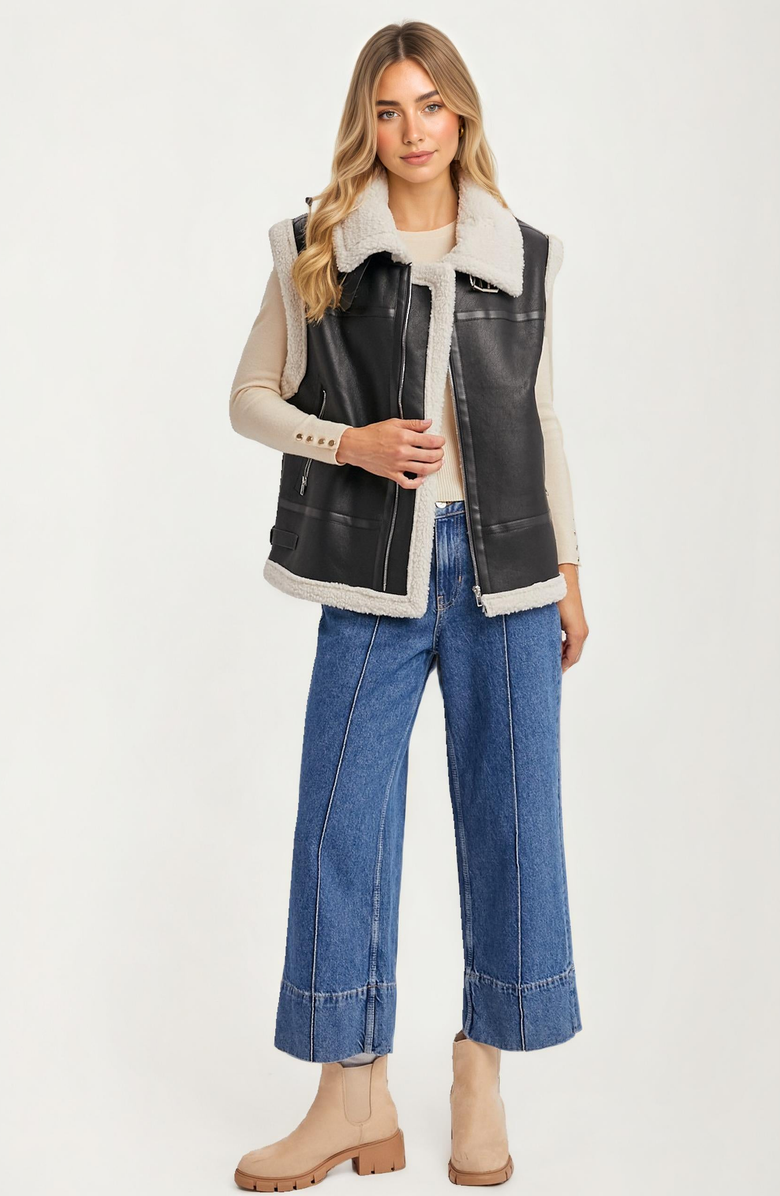 Knit and Lounge Zip-Front Faux Leather Shearling Vest, Alternate, color, 