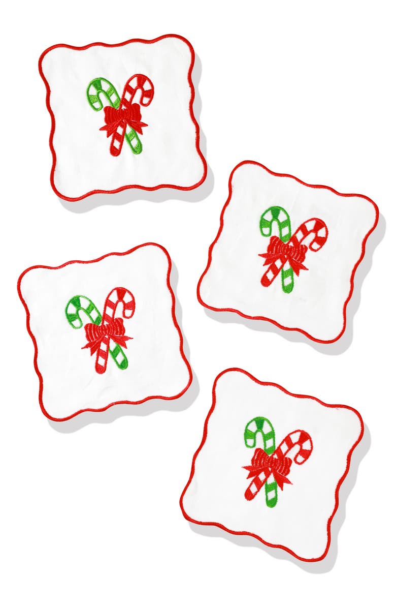 Tiramisu Candy Cane Delight Embroidered Coaster Set, Main, color, Red/ Green