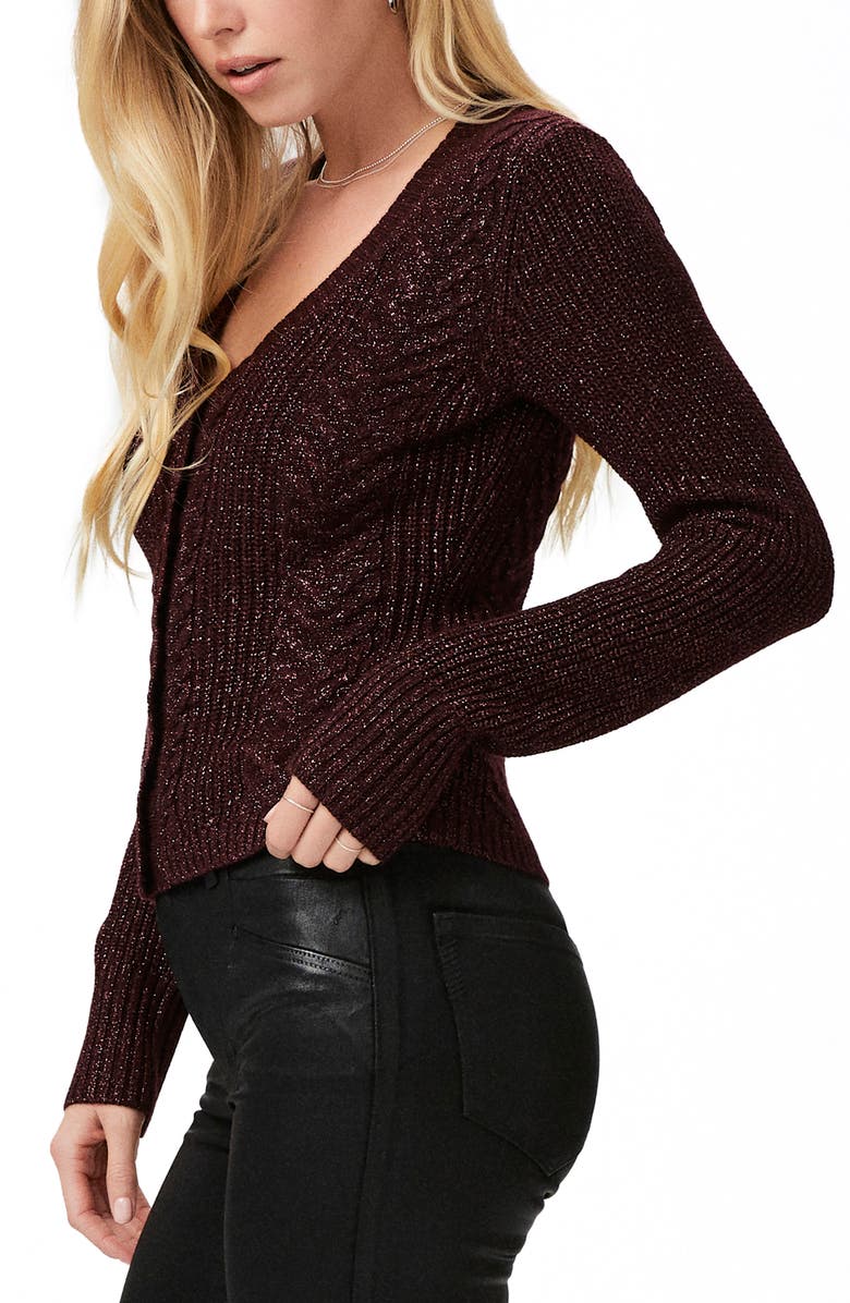 PAIGE Nanari Metallic Cable Knit V-Neck Cardigan, Alternate, color, Burgundy Sparkle