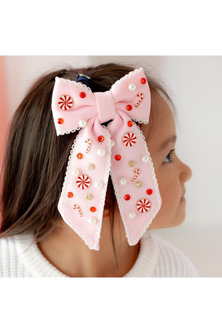 Candy Cane Christmas Gemstone Bow Clip, Alternate, color, Soft Pink