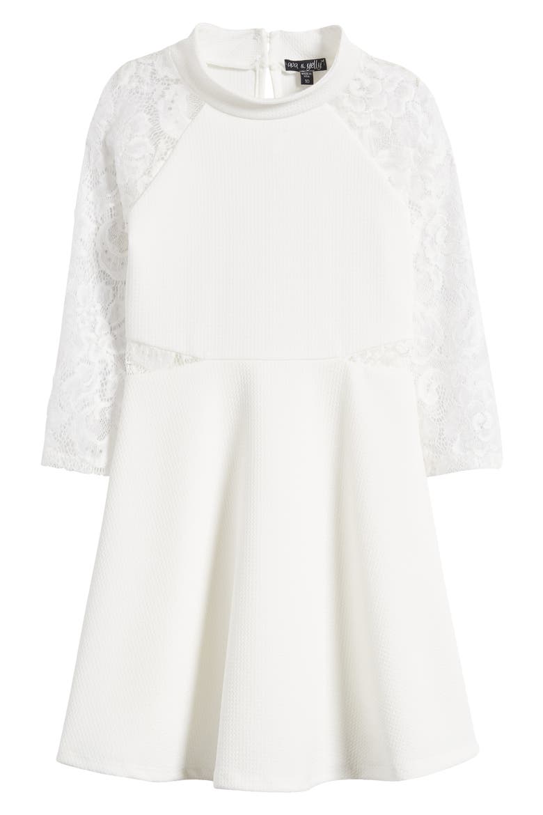 Kids' Lacy Long Sleeve Skater Dress, Main, color, OFF WHITE