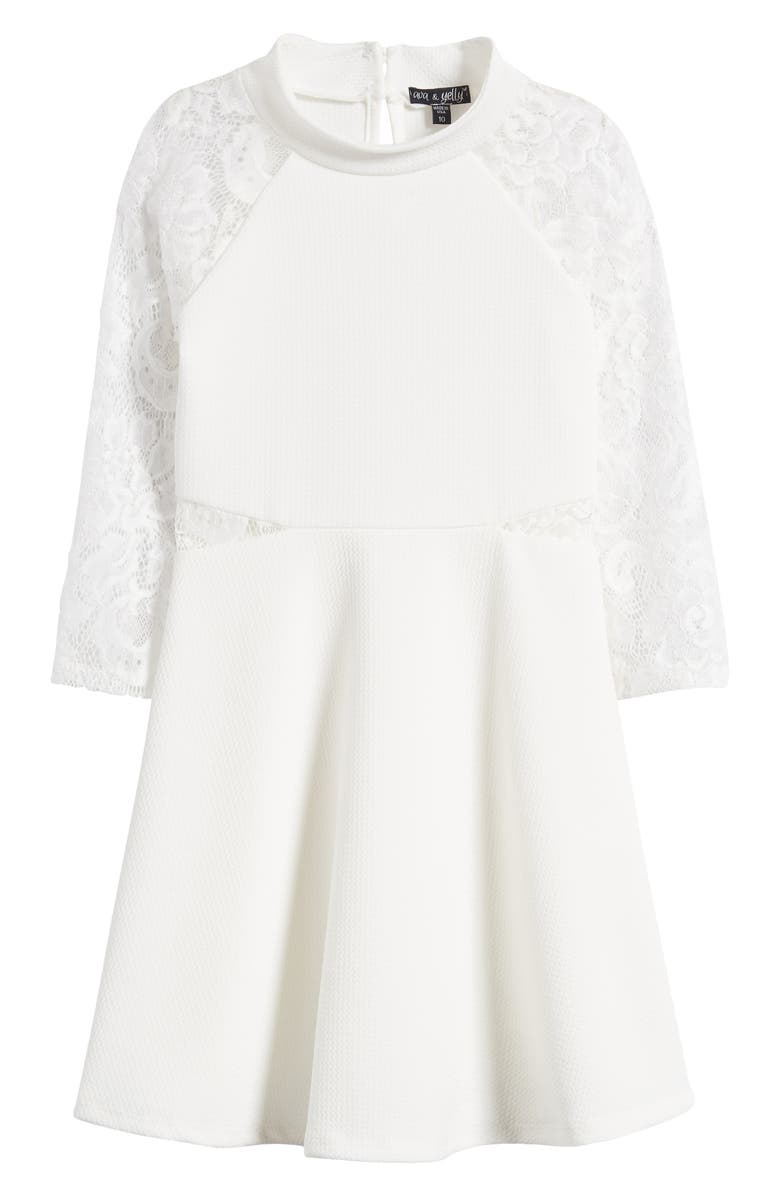 Ava & Yelly Kids' Lacy Long Sleeve Skater Dress, Main, color, Off White