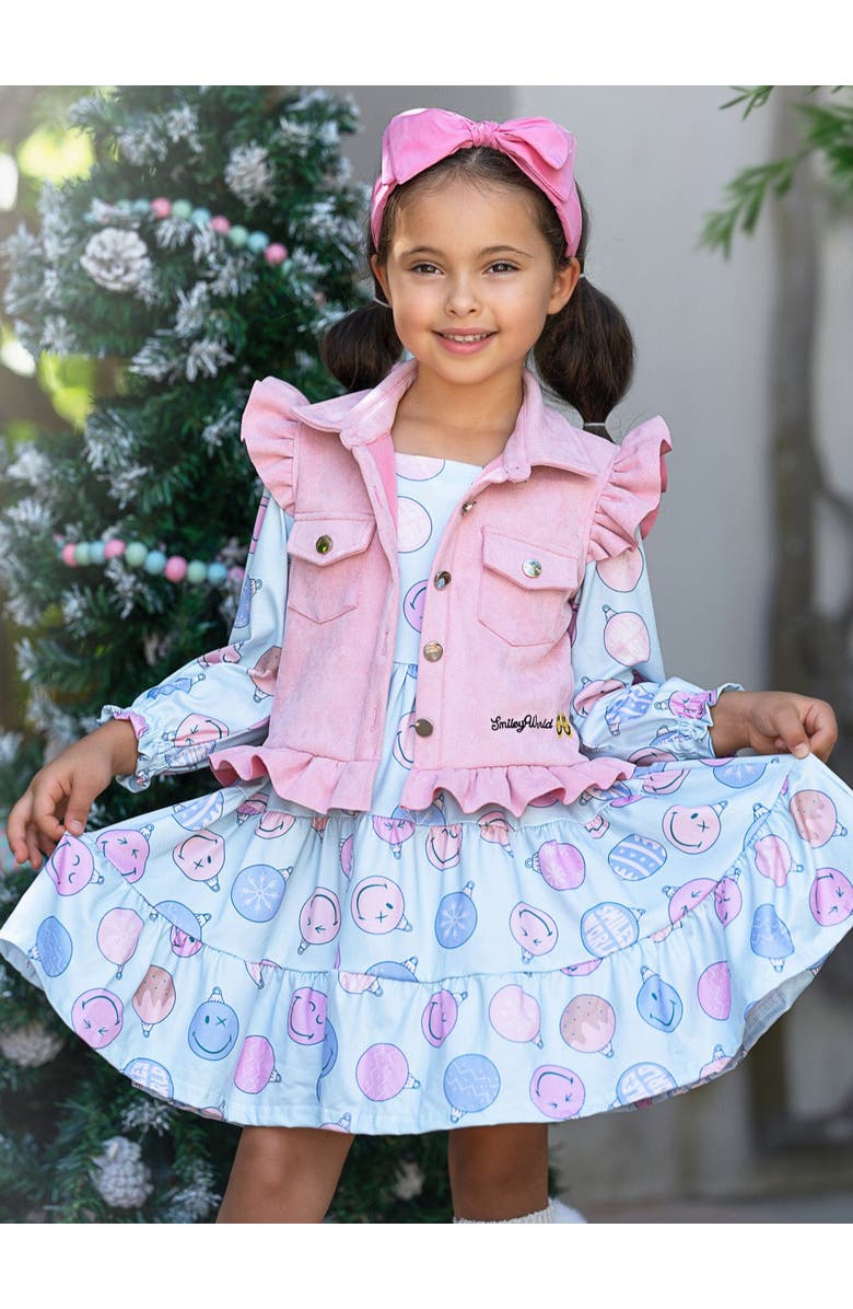 Mia Belle Girls Girls SmileyWorld Feeling Festive Faux Suede Vest and Dress Set, Alternate, color, Multicolor