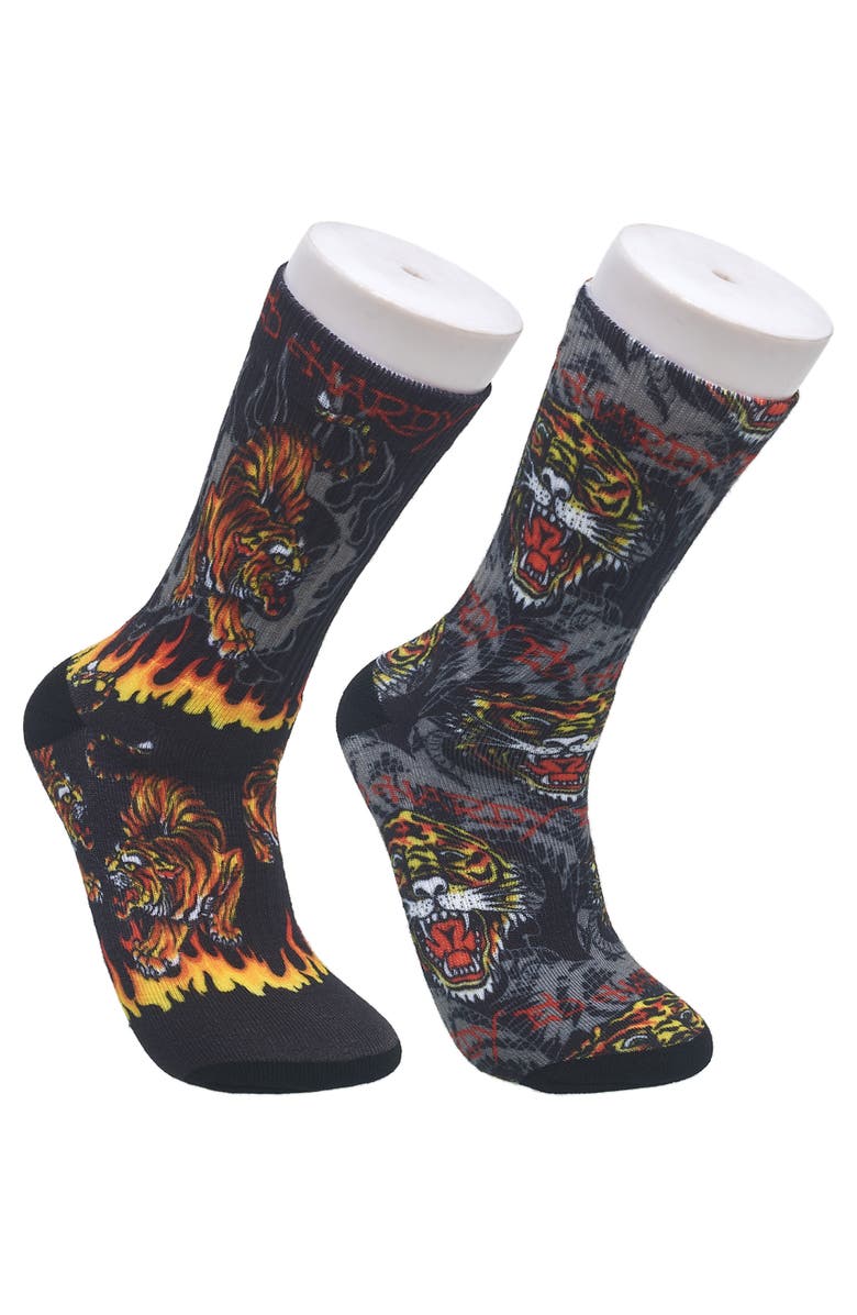 Ed Hardy Tiger 360 Print Full Cushion Crew Sock 2-Pack, Main, color, Black