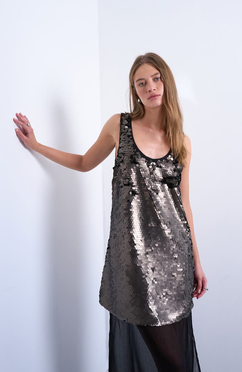 Topshop Sequin Sheer Hem Maxi Dress, Alternate, color, Silver