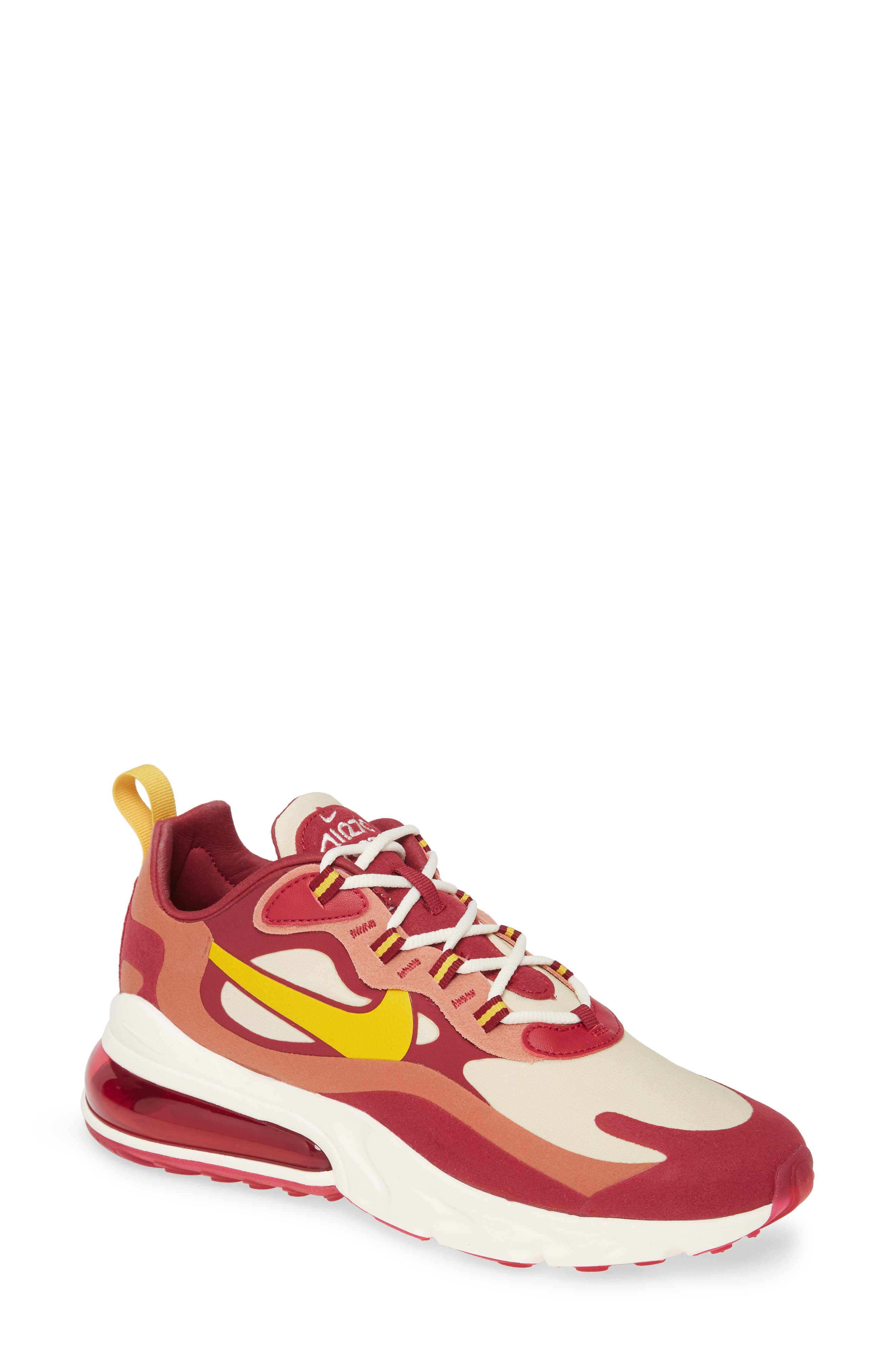 Air Max 270 React Sneaker, Main, color, NOBLE RED/ DARK -GOLD