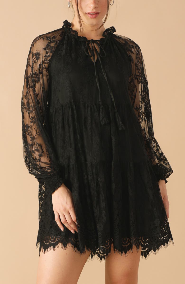 FLYING TOMATO Long Sleeve Lace Minidress, Alternate, color, Black