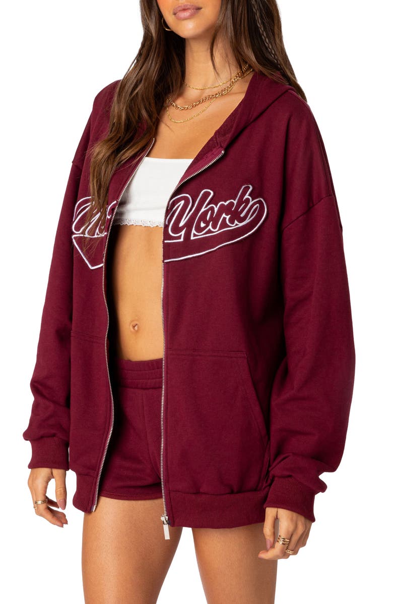 EDIKTED New York Oversize Front Zip Cotton Blend Hoodie, Alternate, color, Burgundy