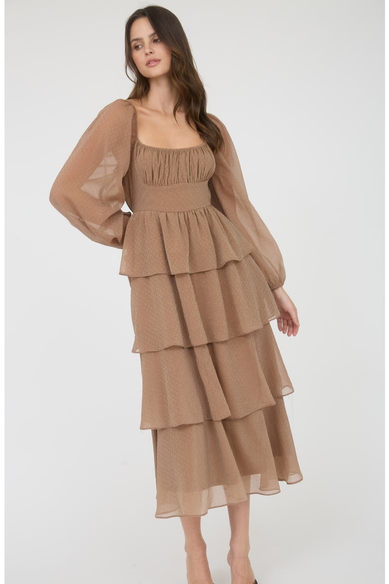 Long Sleeve Tiered Metallic Chiffon Midi Dress, Alternate, color, MOCHA