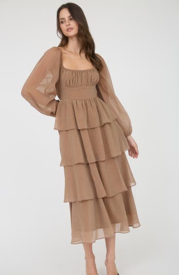 Long Sleeve Tiered Metallic Chiffon Midi Dress
