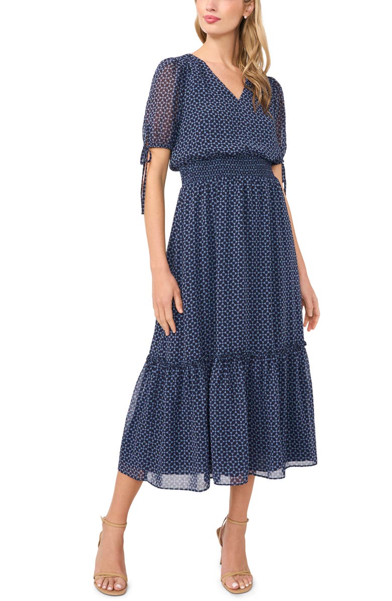 CeCe Geo Print Smock Waist Midi Dress, Main, color, Night Horizon