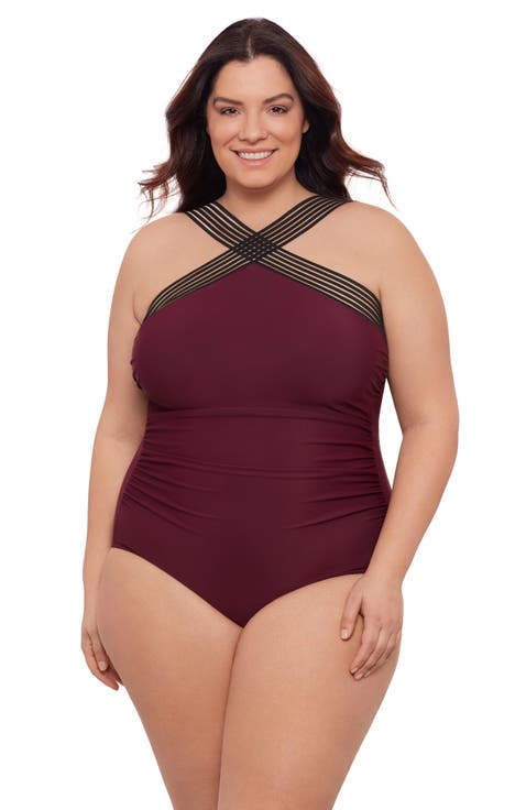 Plus Size Novelty Trim High Criss Cross Neck Full Coverage One-Piece Swimsuit