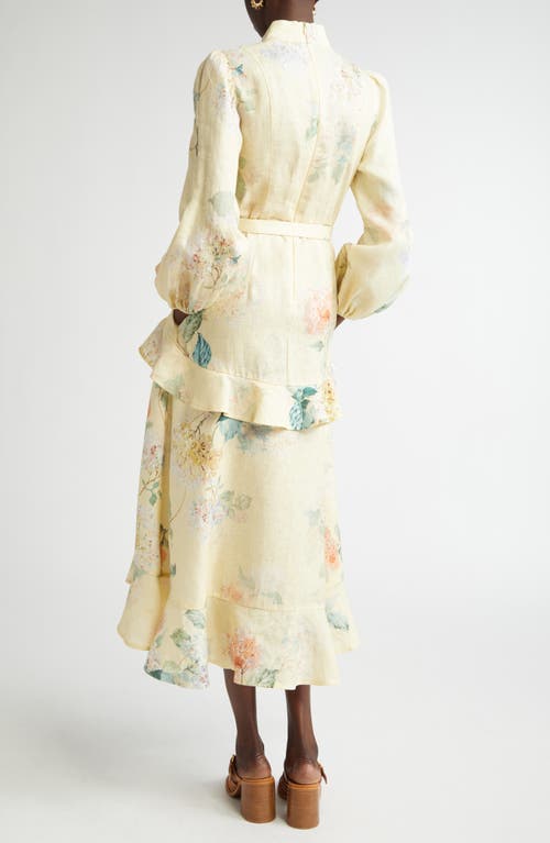 Zimmermann Floral Print Belted Linen Midi Dress In Lemon Hydrangea