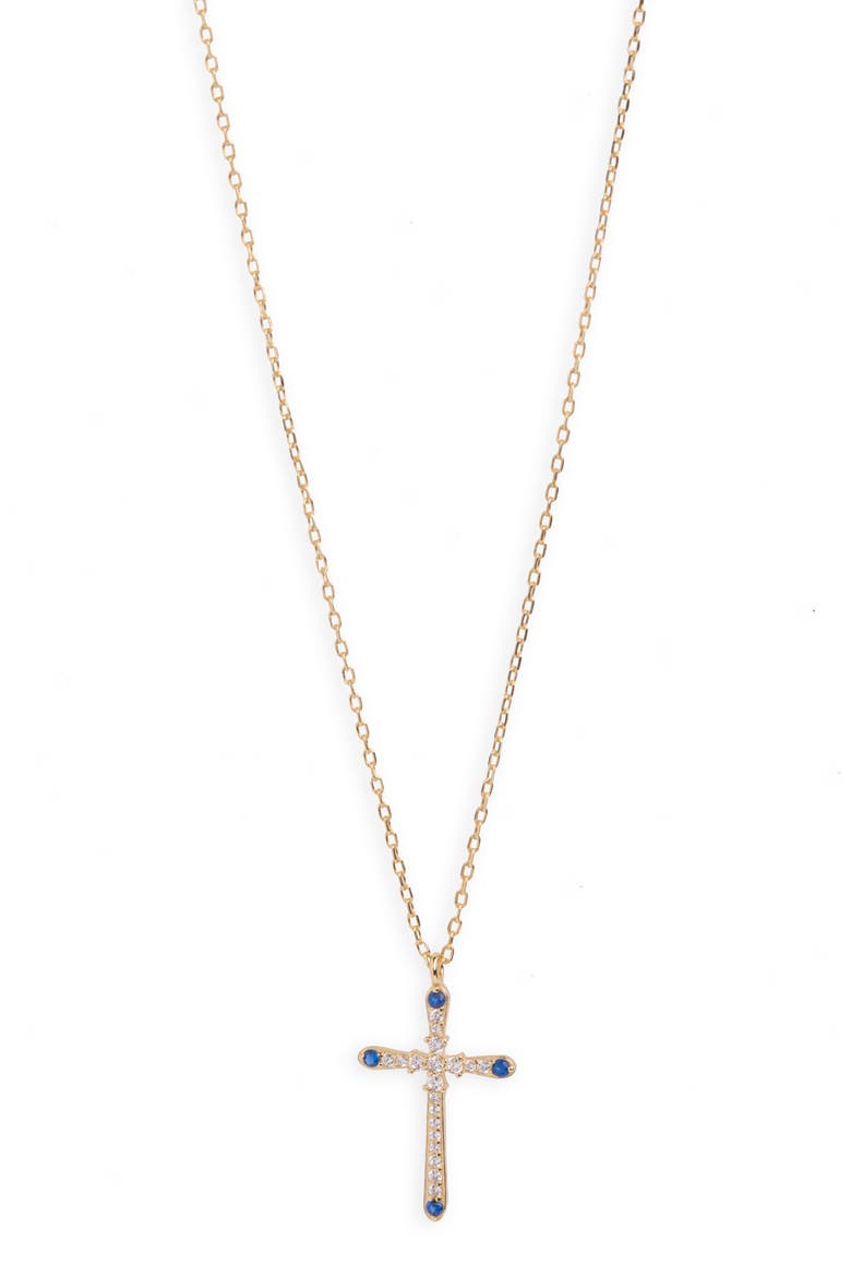 Cubic Zirconia Cross Pendant Necklace, Main, color, GOLD/ BLUE
