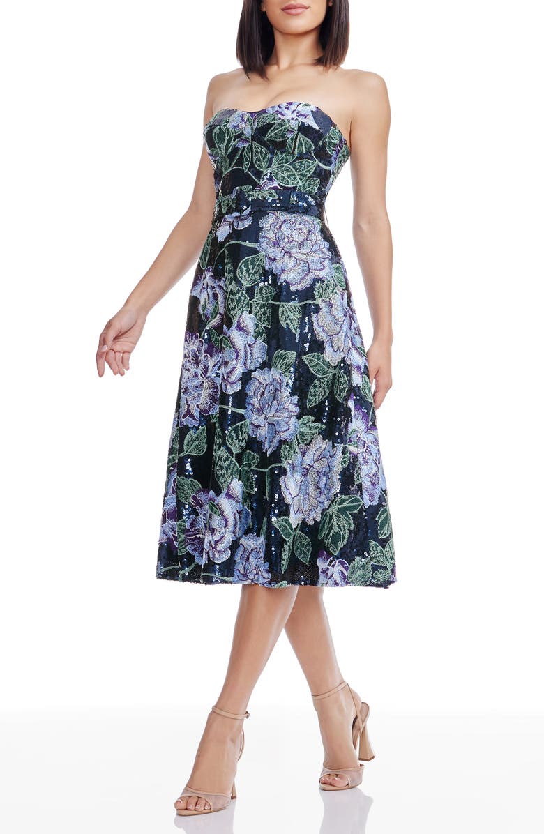 Dress the Population Carlita Embroidered Sequin Floral Strapless Cocktail Midi Dress, Alternate, color, Navy Multi