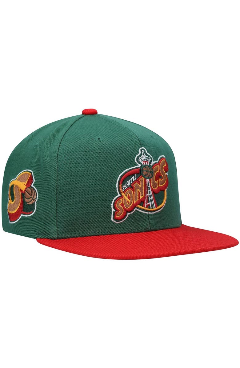 Mitchell & Ness Men's Mitchell & Ness Green/Red Seattle SuperSonics Hardwood Classics Snapback Hat, Main, color, 