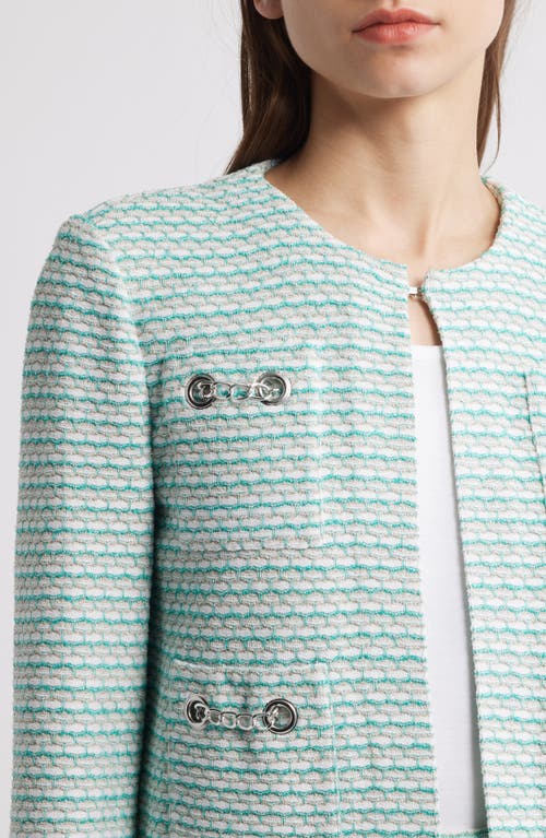 Shop Ming Wang X Tanya Foster Heritage Fit Textured Stitch Knit Jacket In Limestone/emerald Awe/white