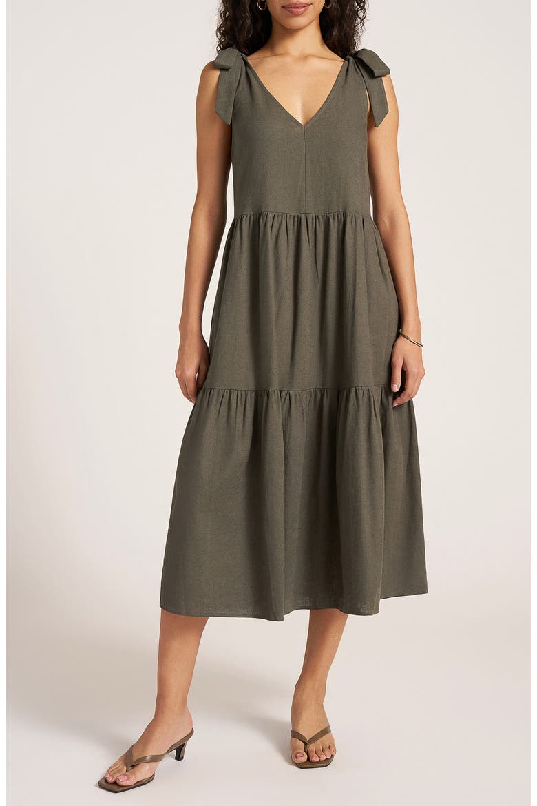 Louisa Shoulder Tie Linen Blend Sundress, Main, color, DARK OLIVE