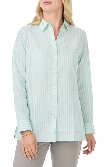 Foxcroft Jordan Stripe Linen Button-up Shirt In Green