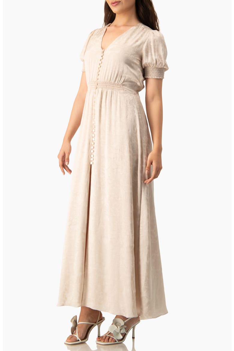Jacquard Satin Button-Front Maxi Dress with Puff Sleeve and Smocked Waist, Alternate, color, Beige