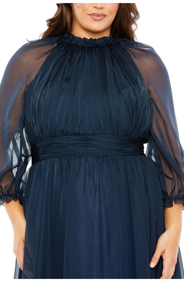 Mac Duggal High-Neck Chiffon Dress with Puff Sleeves and Ruffle Tiered Skirt, Alternate, color, Midnight