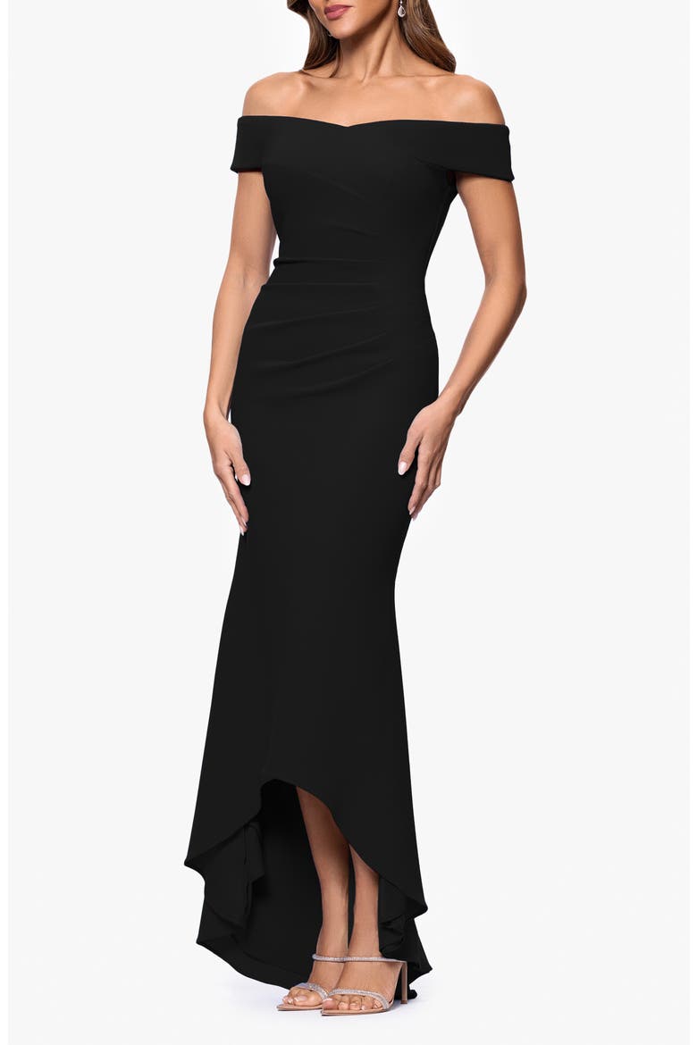 Off the Shoulder High-Low Scuba Crepe Gown, Alternate, color, BLACK