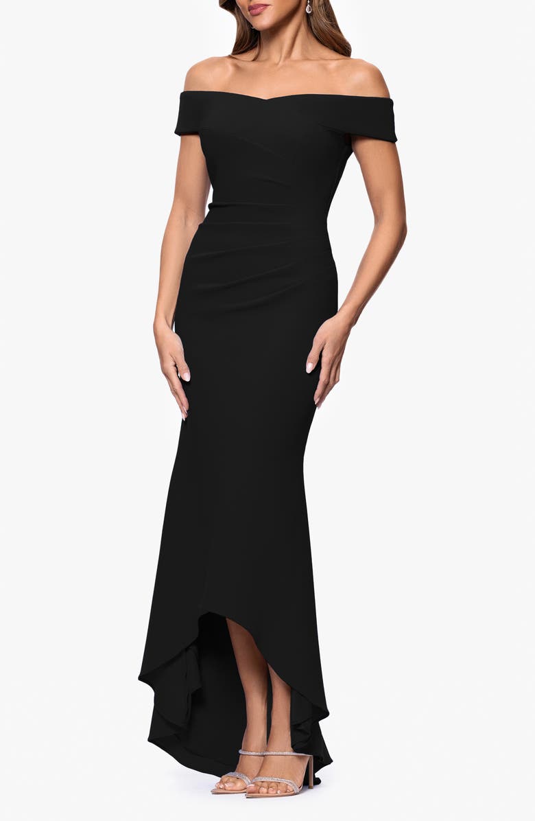 Xscape Evenings Off the Shoulder High-Low Scuba Crepe Gown, Alternate, color, Black