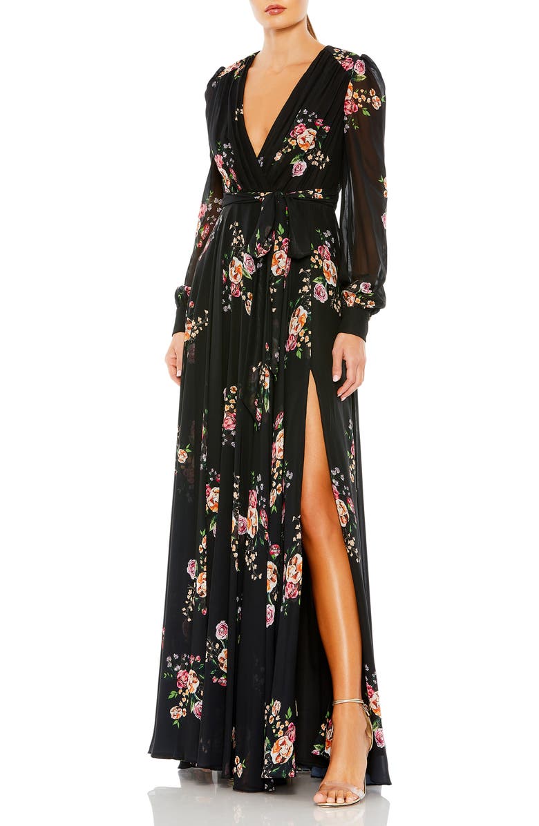 Mac Duggal Belted Floral Print Illusion Long Sleeve Gown, Main, color, Black Multi