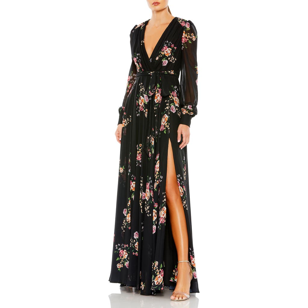Mac Duggal Belted Floral Print Illusion Long Sleeve Gown In Black Multi
