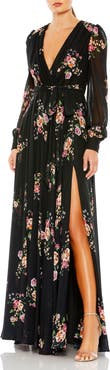 Mac Duggal Belted Floral Print Illusion Long Sleeve Gown