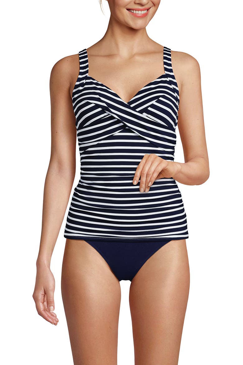 D-Cup V-Neck Wrap Underwire Tankini Swimsuit Top, Alternate, color, Deep Sea/White Media Stripes