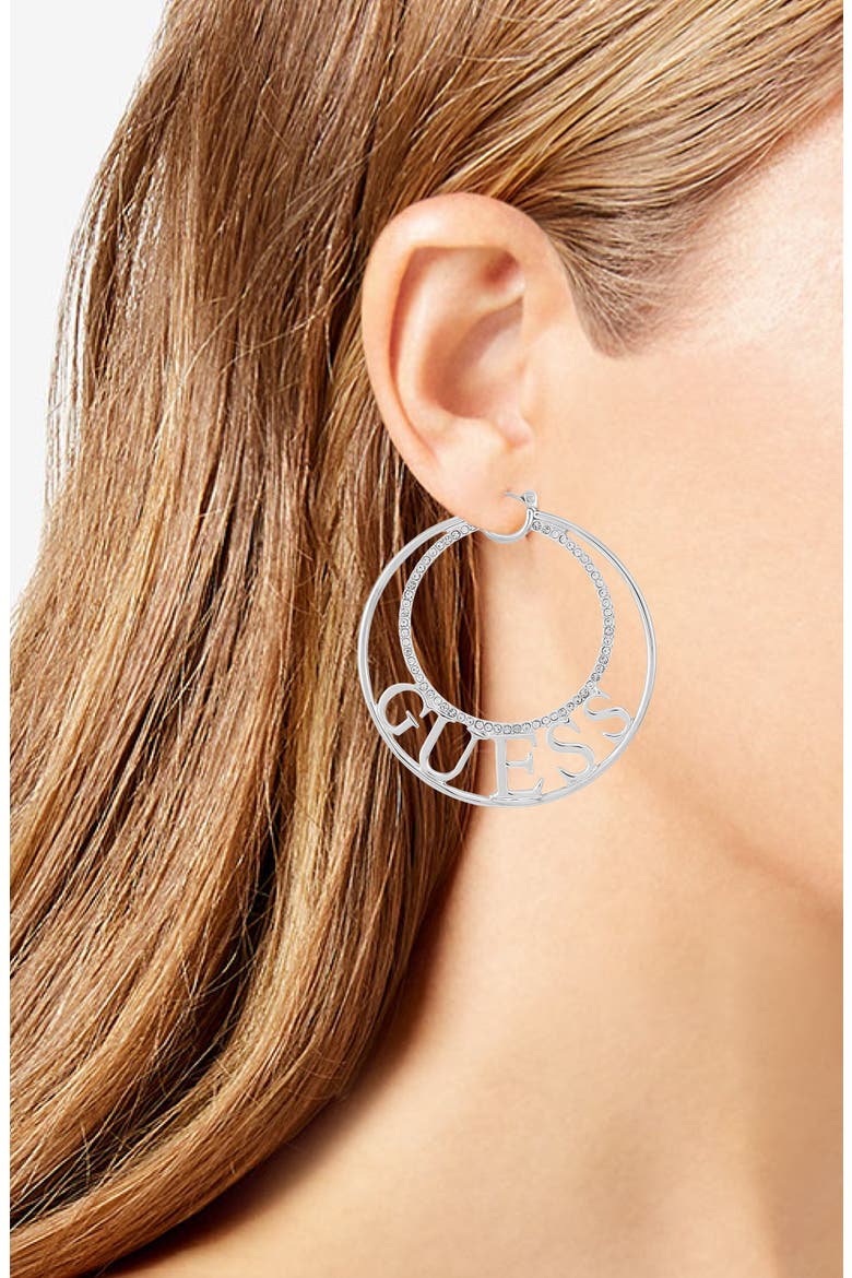 Logo Pavé Hoop Earrings, Alternate, color, SILVER TONE