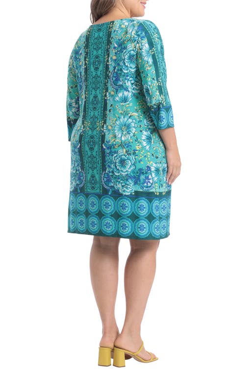 London Times Floral 3/4 Sleeve Shift Dress In Teal/blue
