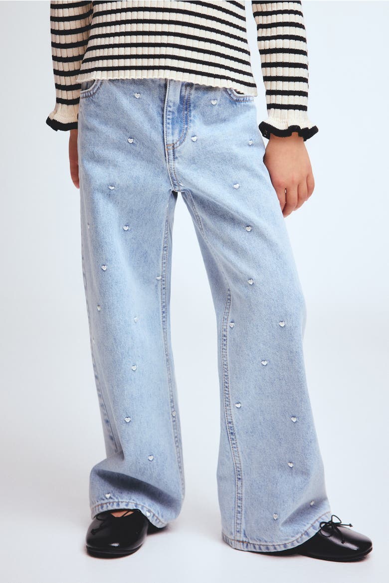 Motif-detail Wide Leg Jeans, Alternate, color, Light denim blue/hearts