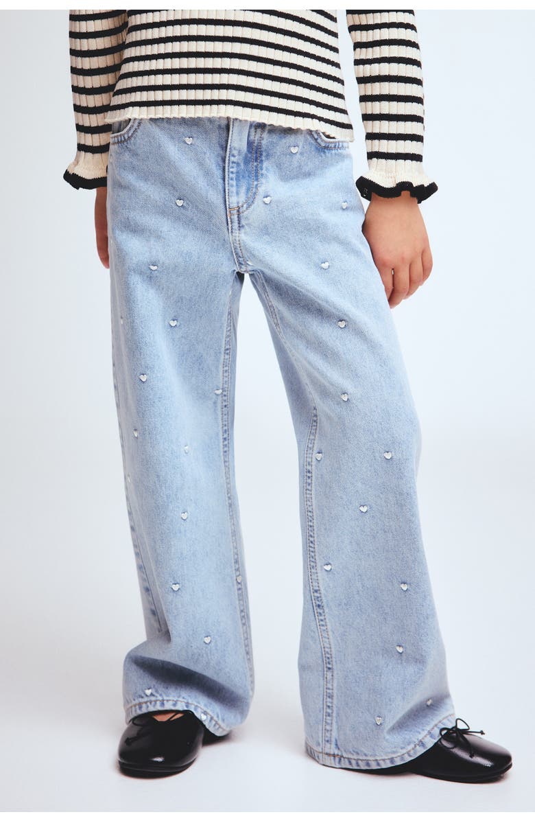 H&M Motif-detail Wide Leg Jeans, Alternate, color, Light Denim Blue/Hearts