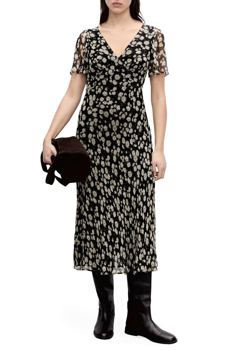 MANGO Floral Print Midi Dress, Main, color, Black