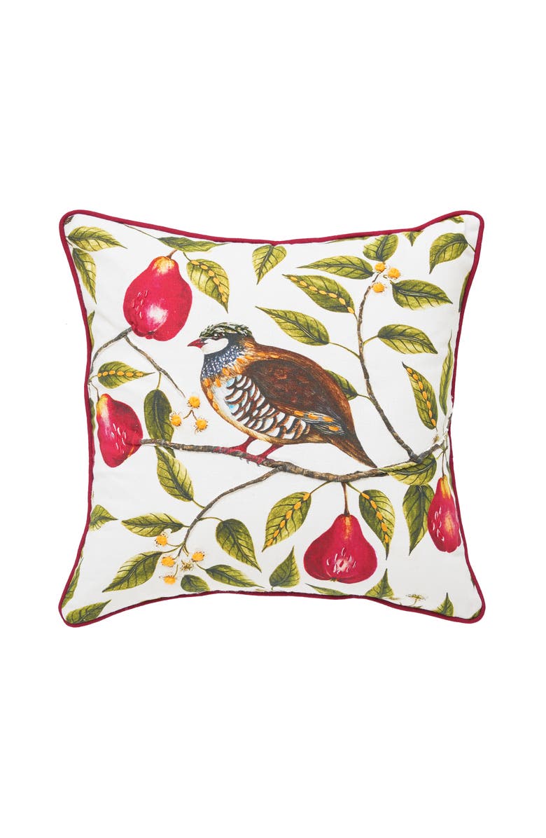 C&F Home Partridge In A Pear Tree Printed 100% Cotton Christmas Accent Throw Pillow 18" x 18", Main, color, Red