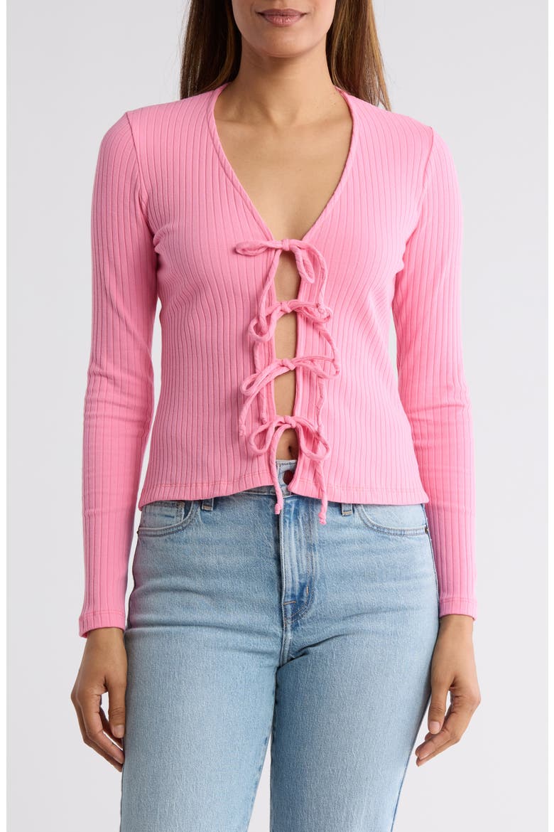 Tie Front Rib Knit Top, Main, color, PINK