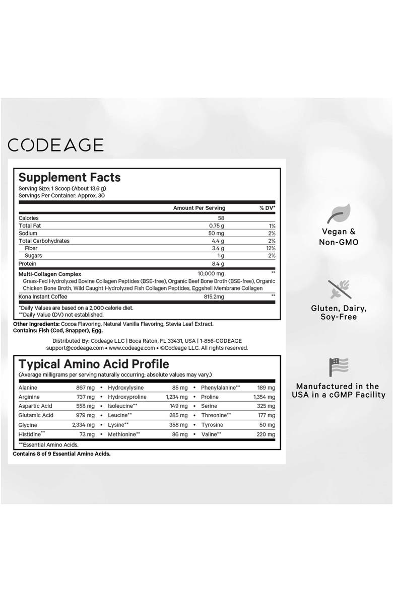 Codeage Multi Collagen Peptides Protein Mocha Powder Supplement, Alternate, color, White