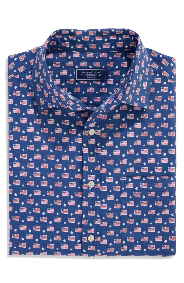 vineyard vines Flags & Stars Print Short Sleeve Cotton Button-Up Shirt, Alternate, color, 