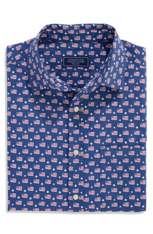 Vineyard Vines Flags & Stars Print Short Sleeve Cotton Button-up Shirt In Blue